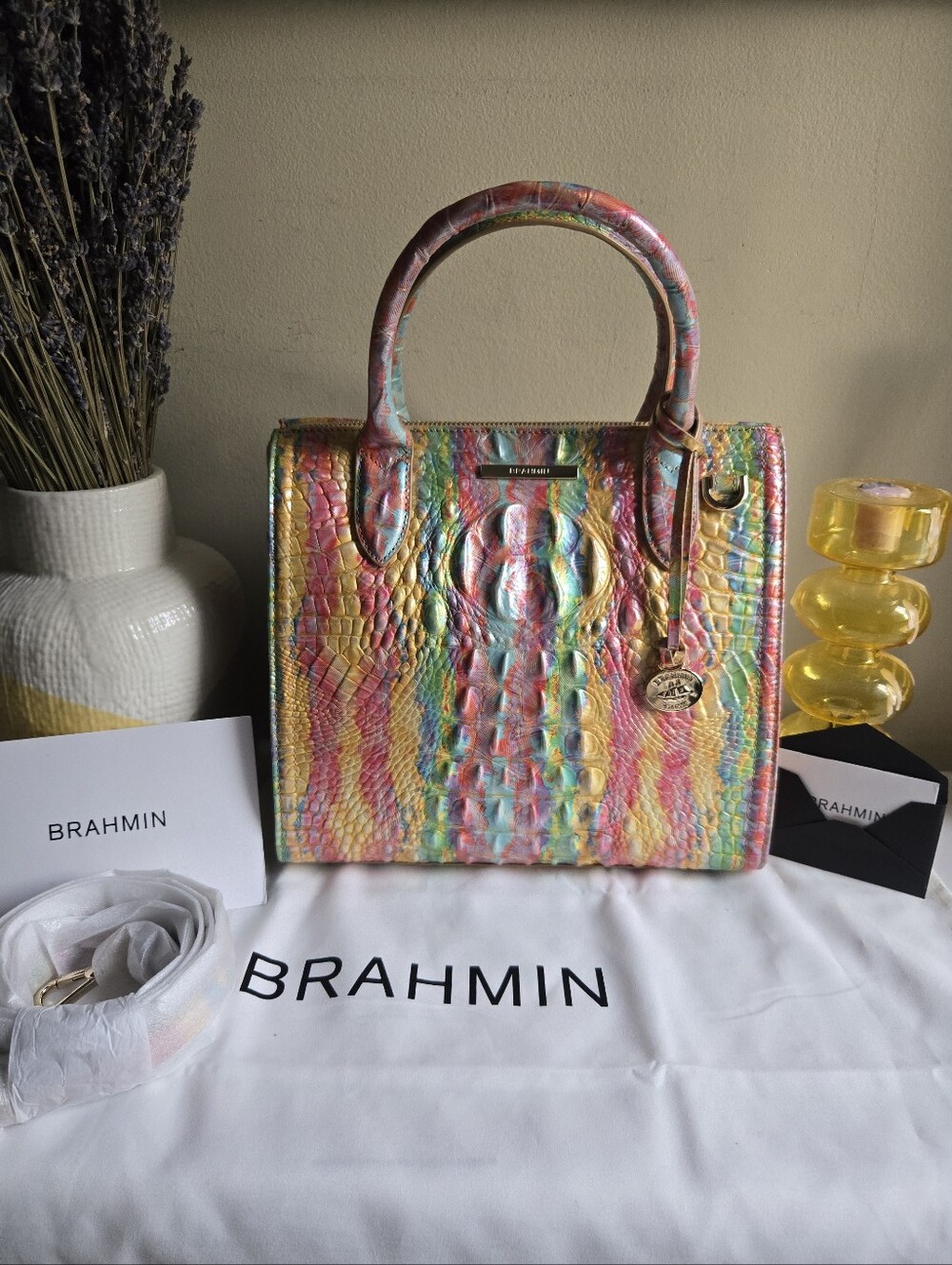 🌈NEW Brahmin Caroline Large Multicolor Croc Embossed Leather Satchel Bag🌈